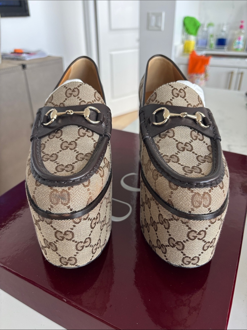 Gucci Beige Brown GG Canvas Leather Horsebit Mules